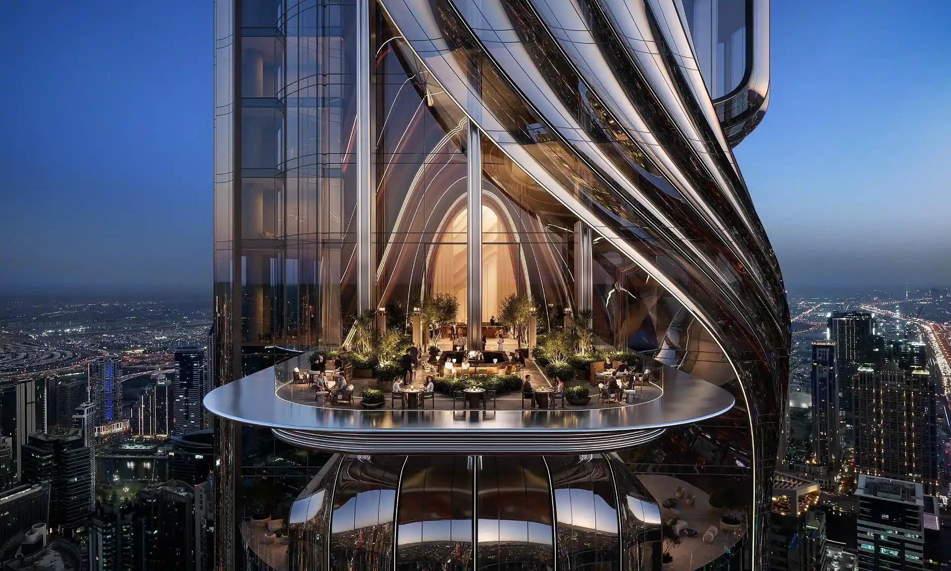 Dachterrasse über Dubai in der Abenddämmerung — offizielles Entwickler-Rendering